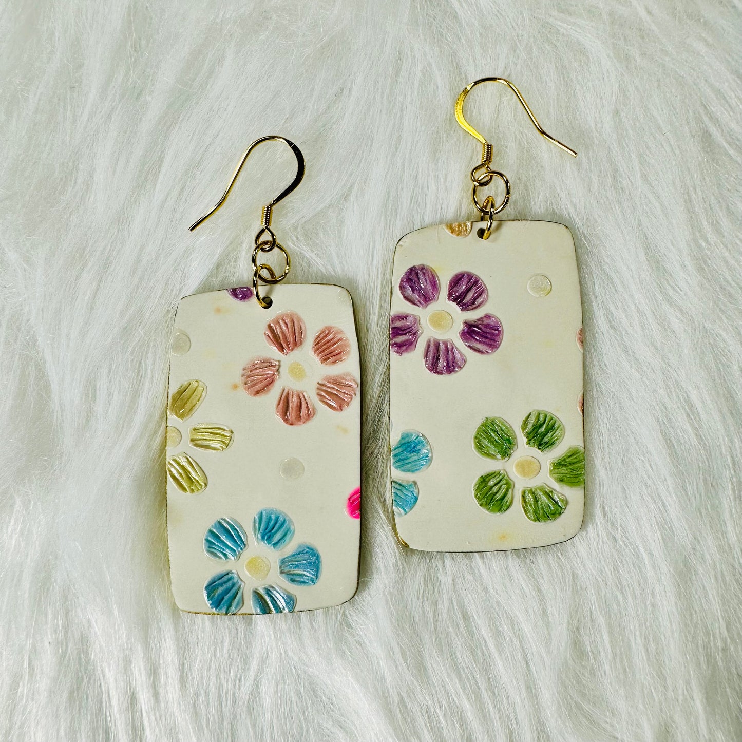 Textured Flower Rectangular Polymer Clay Earrings
