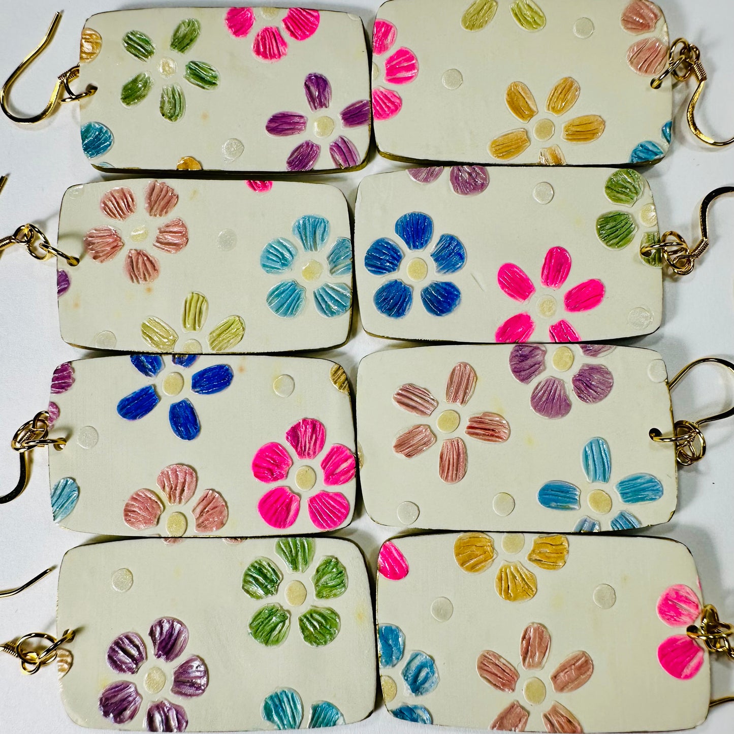 Textured Flower Rectangular Polymer Clay Earrings