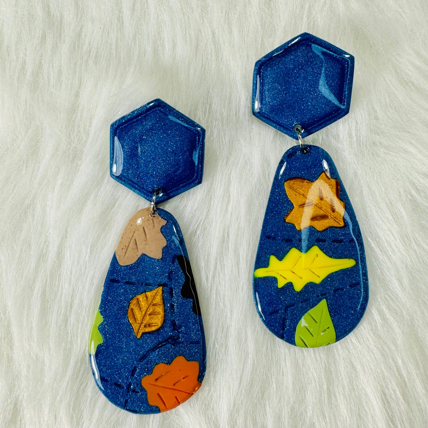 Blue Autumn Leaf Dangle Earrings