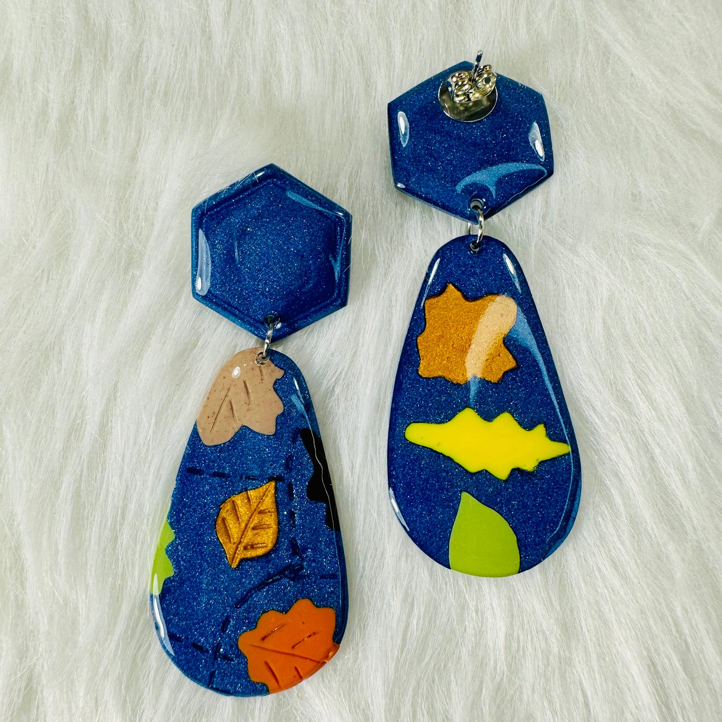 Blue Autumn Leaf Dangle Earrings