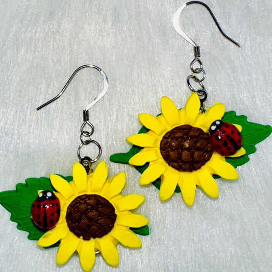 Sunflower Ladybug Dangle Earrings